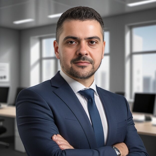 A man in a alice blue shirt with a thinking expression
